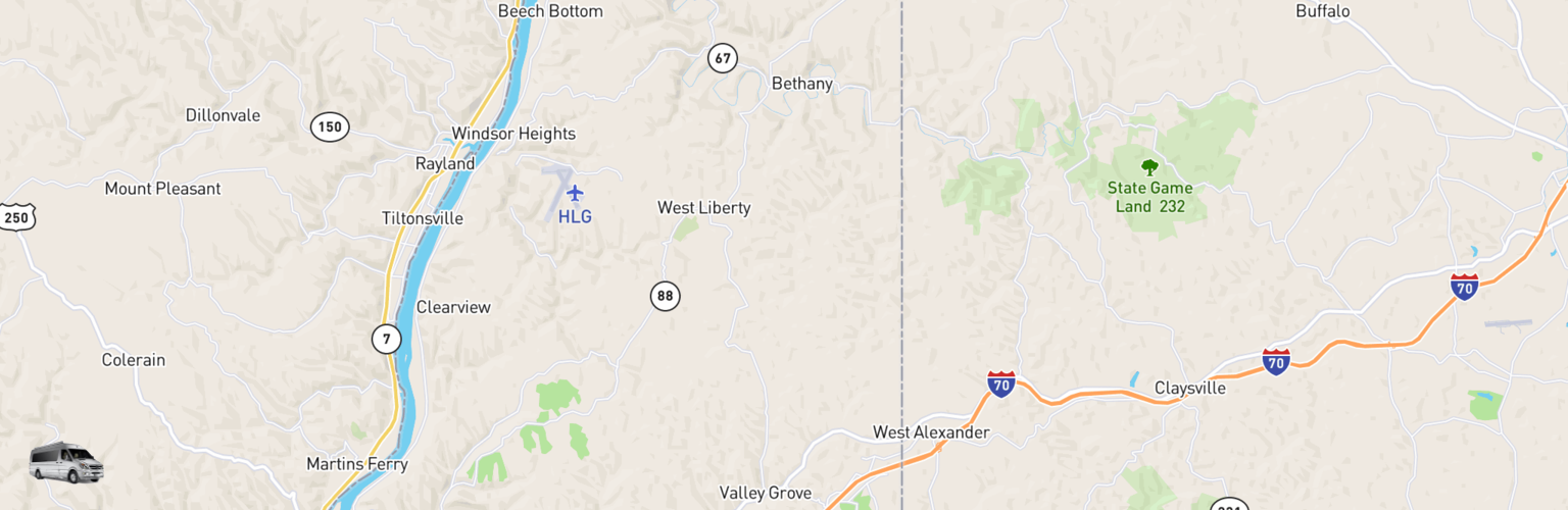 Class B RV Rentals Map Northern Panhandle, WV
